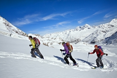 Three ski tourers on glacier